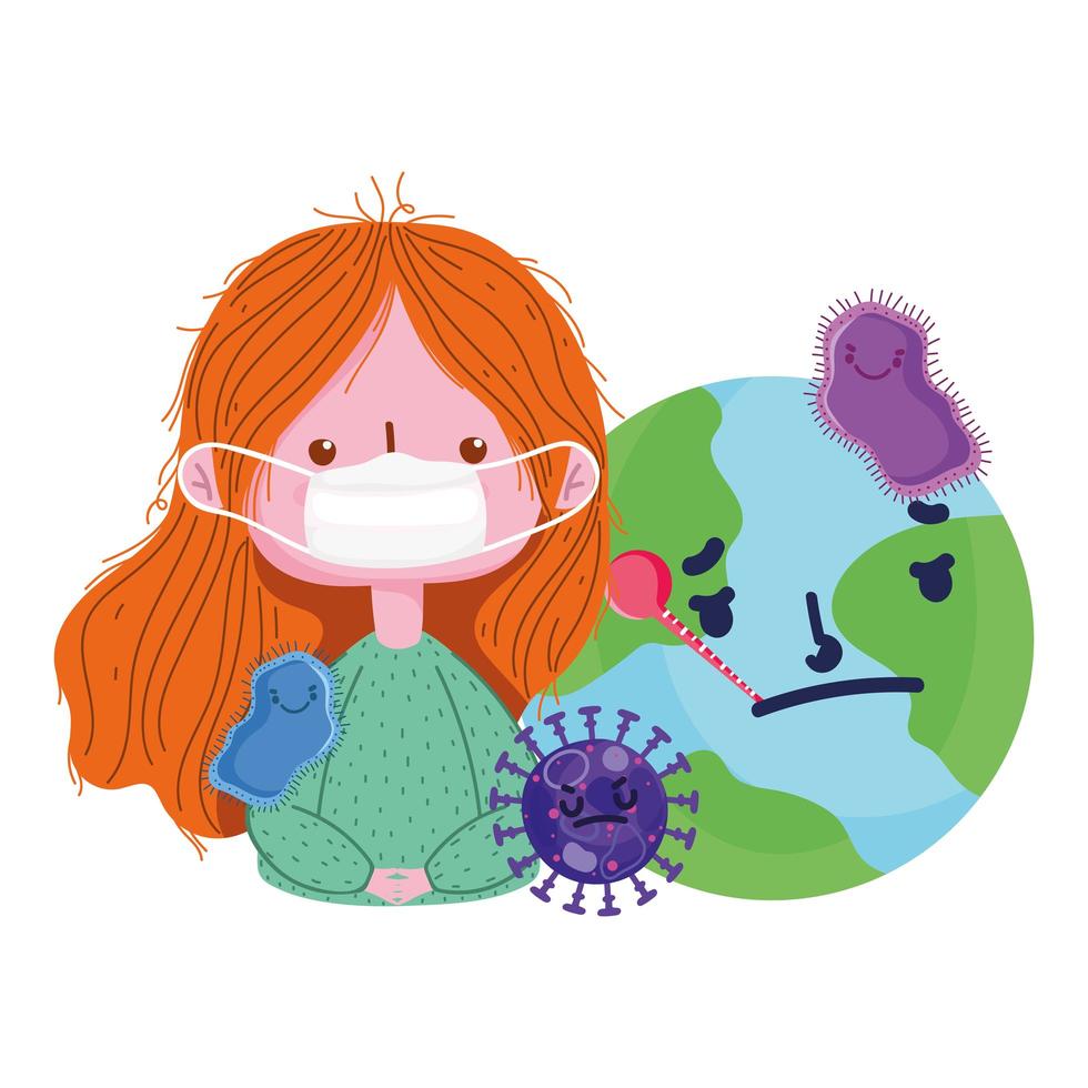 covid 19 coronavirus pandemic, girl with medical mask and sick world vector
