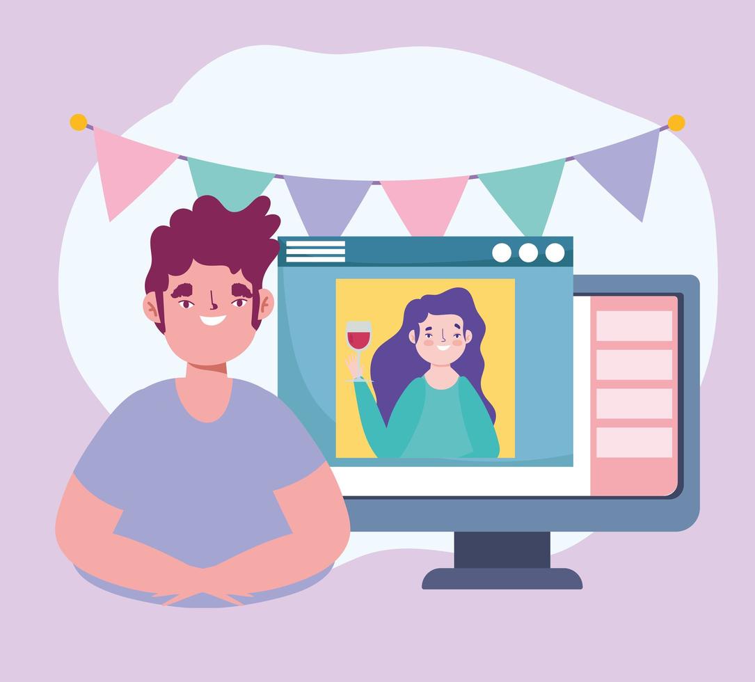 online party, birthday or meeting friends, man talking with woman in website computer celebration vector