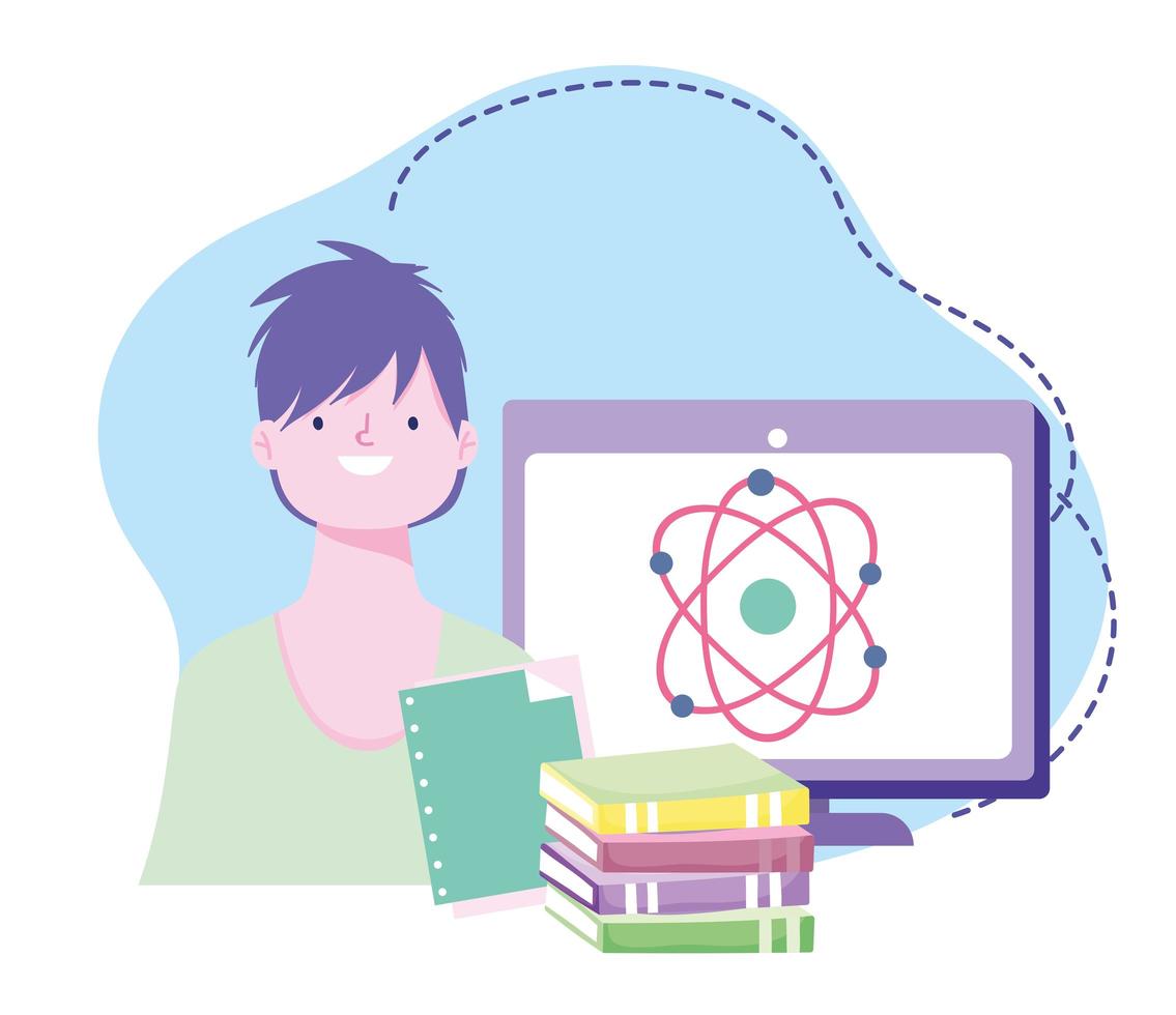 online training, student class science computer and books, courses knowledge development using internet vector