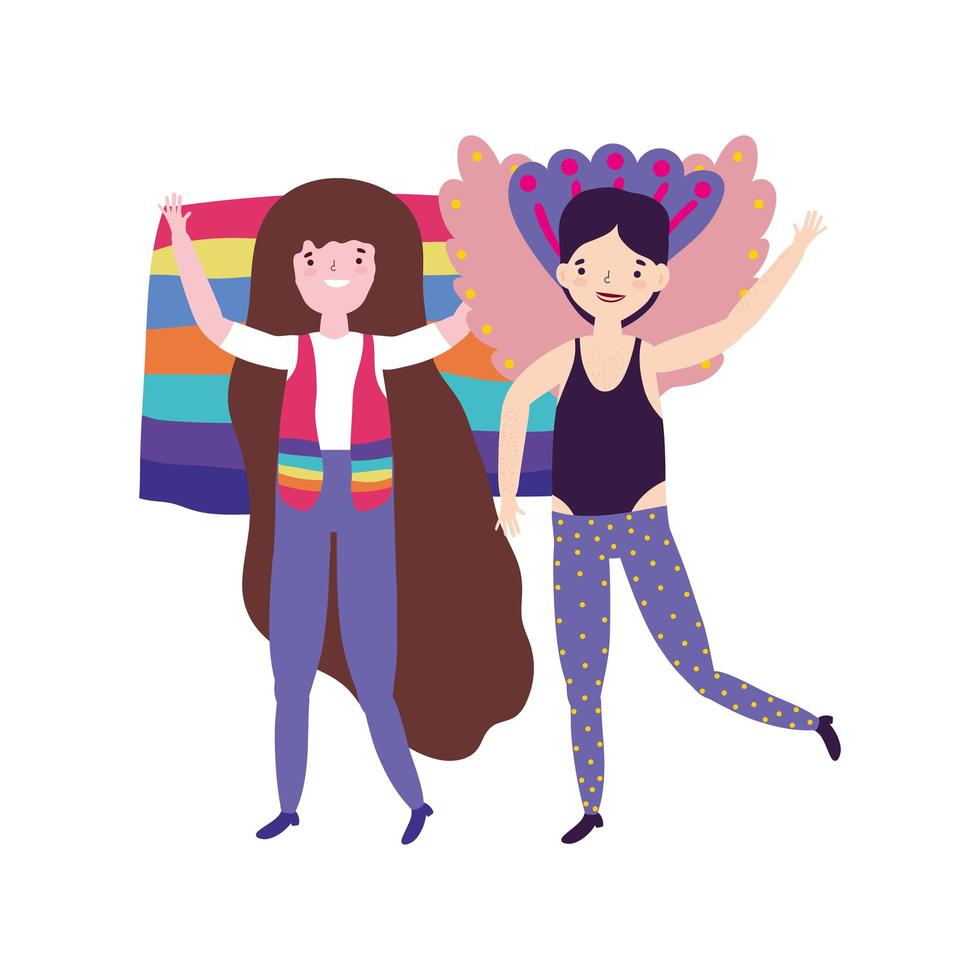 desfile del orgullo de la comunidad lgbt, gay con disfraz y mujer con bandera vector