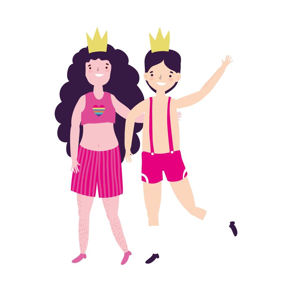pride parade lgbt community, woman and man together with crown characters vector