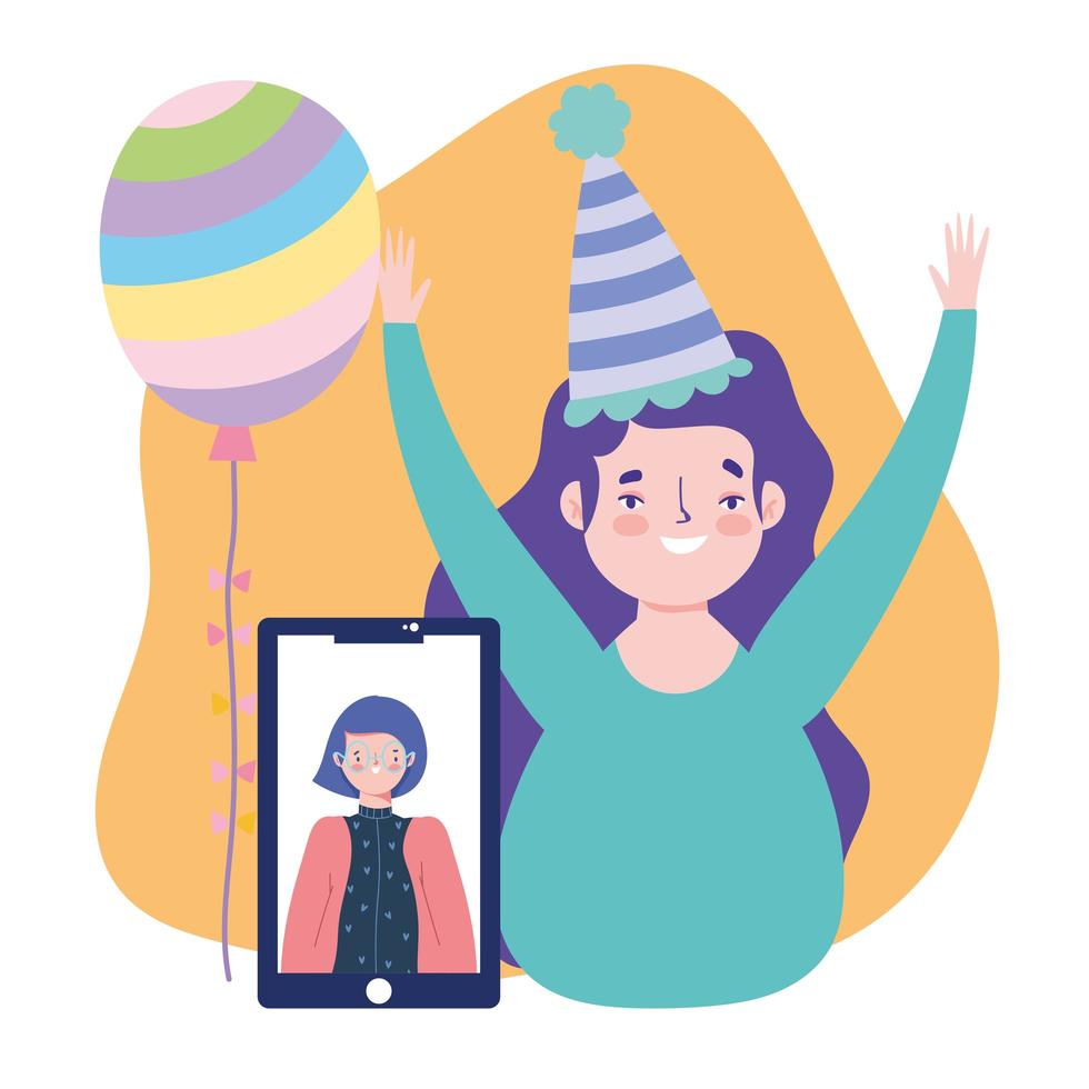 online party, birthday or meeting friends, celebrating girls smartphone connected vector