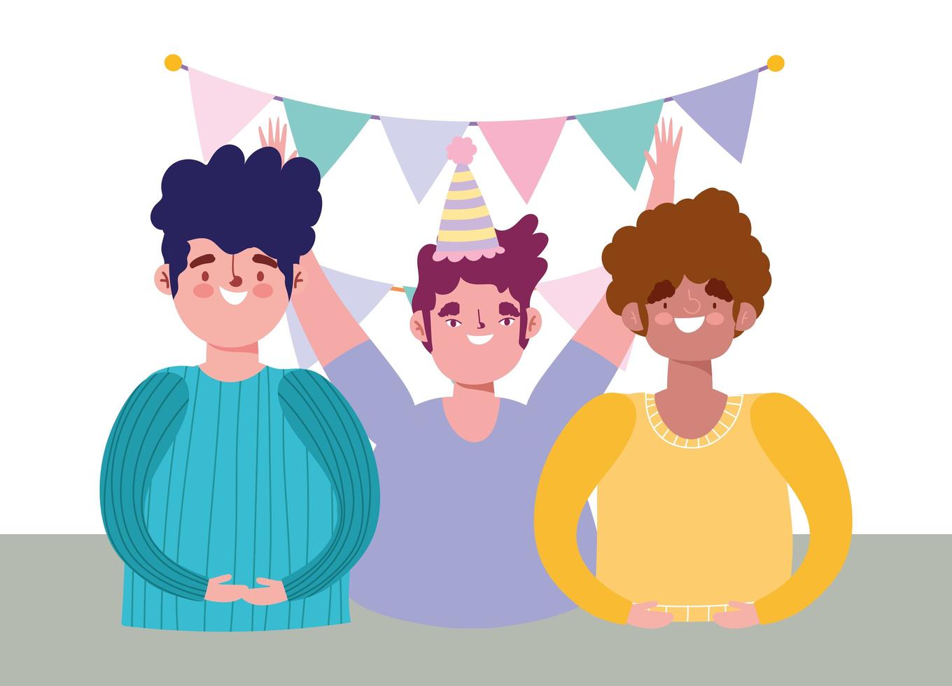 online party, birthday or meeting friends, happy group men with hat and pennants celebraton vector