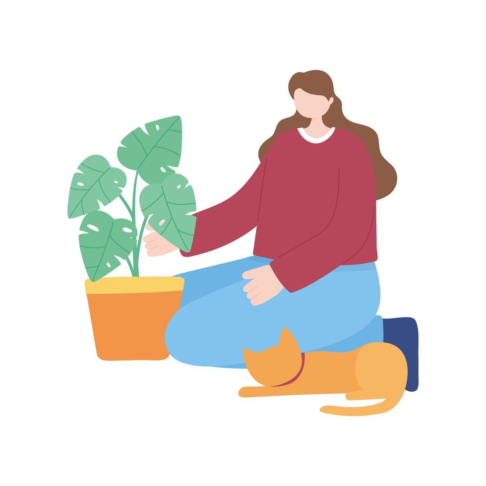 Mujer joven con planta de interior en maceta y gato icono aislado fondo blanco. vector