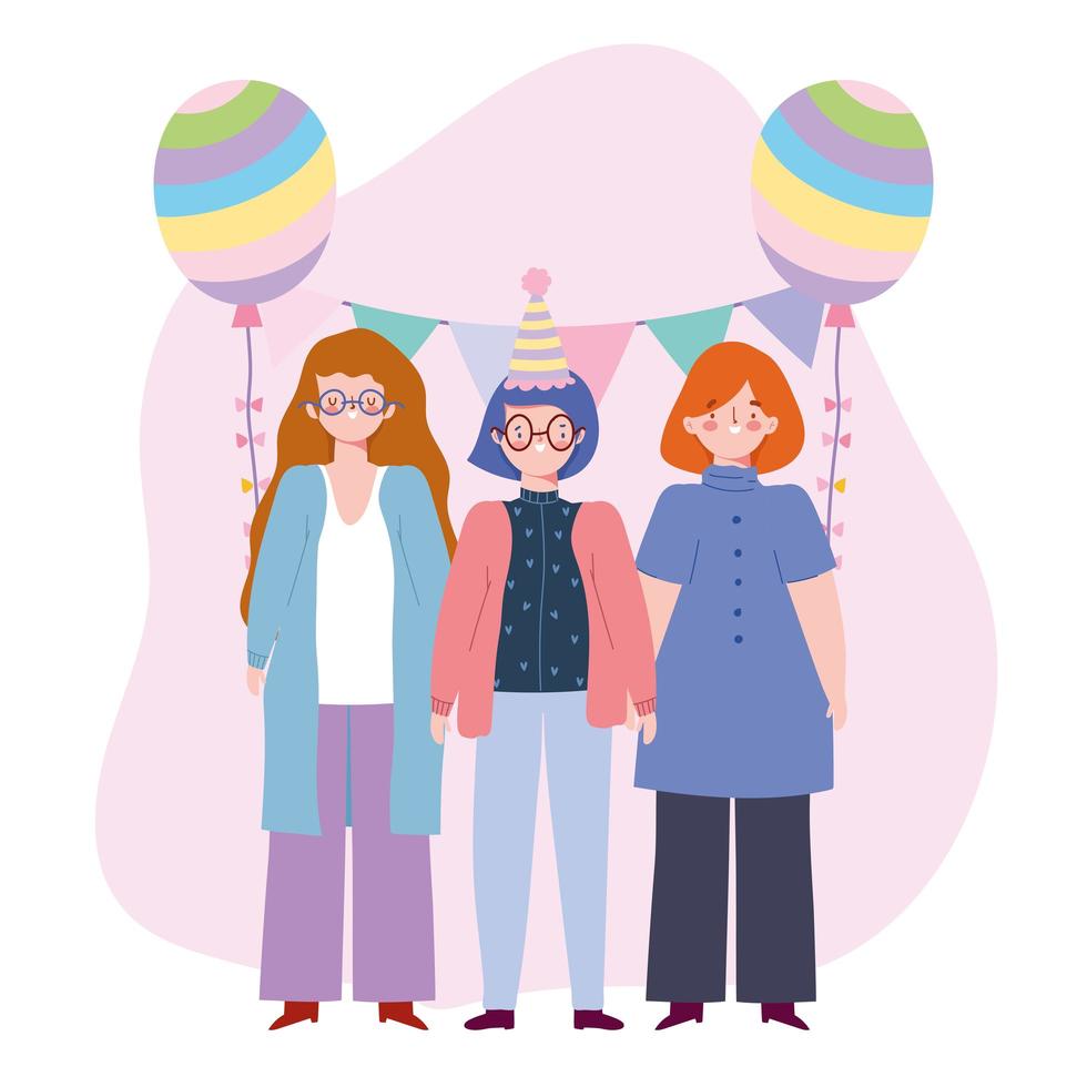 birthday or meeting friends, group women with hat balloon bunting decoration celebration vector