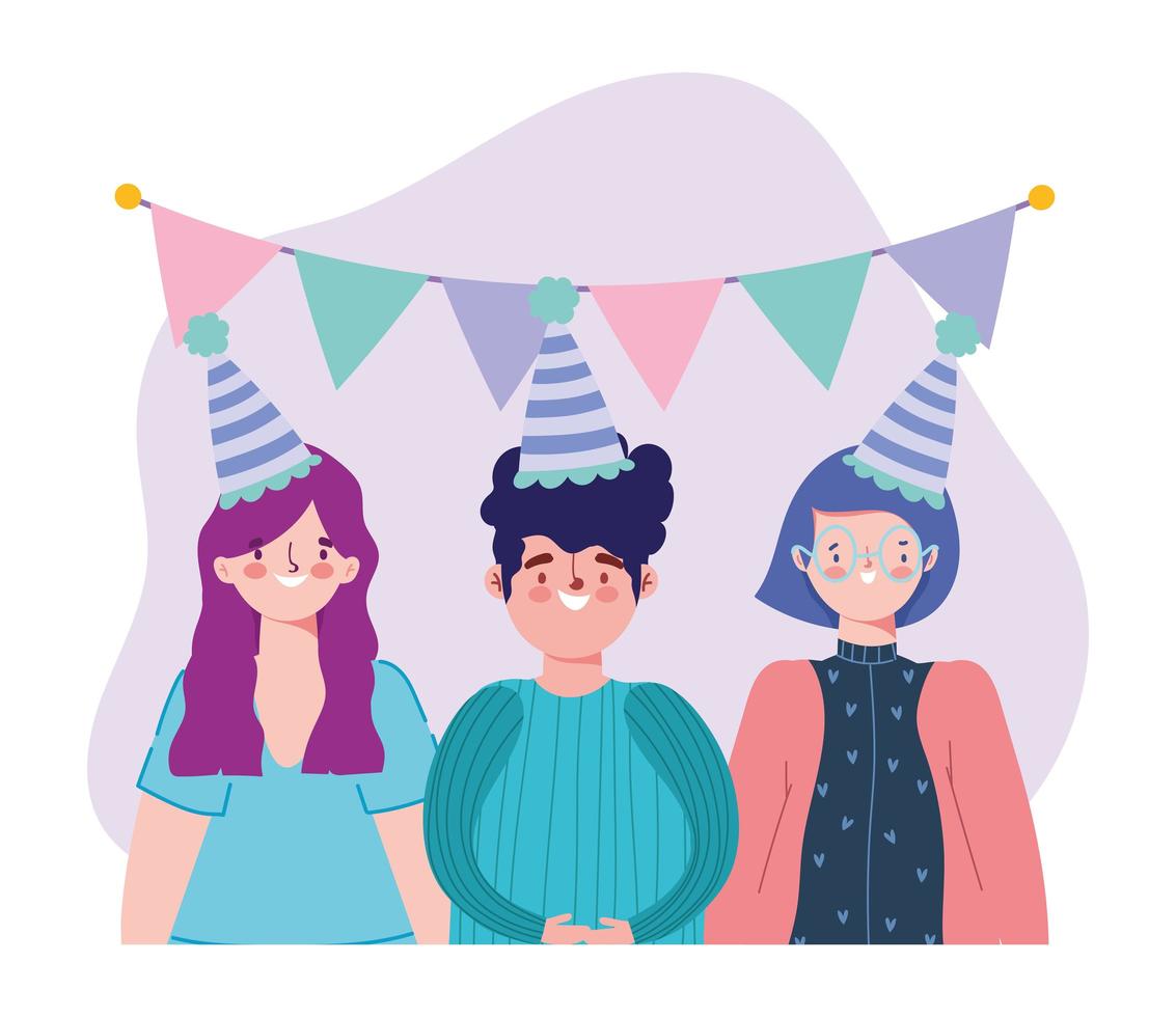 cumpleaños o reunión de amigos, hombres y mujeres jóvenes con sombrero copa de vino y banderines decoración celebración vector