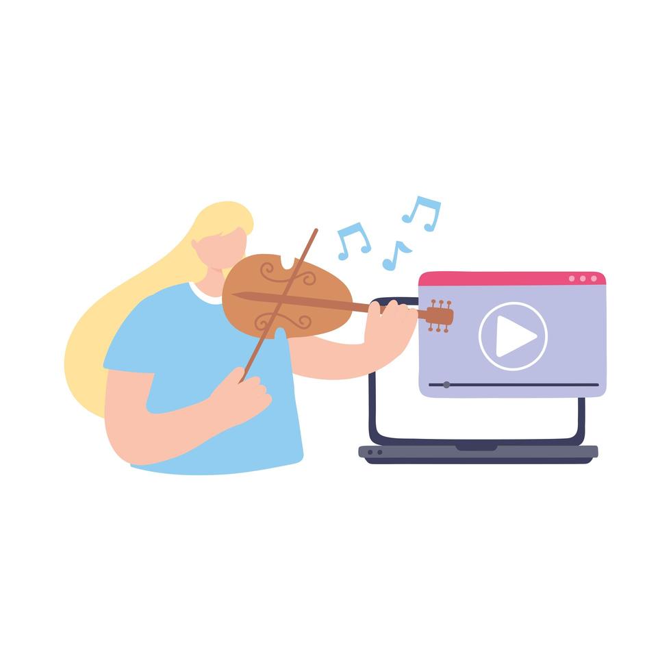 stay at home, girl in concert online with violin, self isolation, activities in quarantine for coronavirus vector