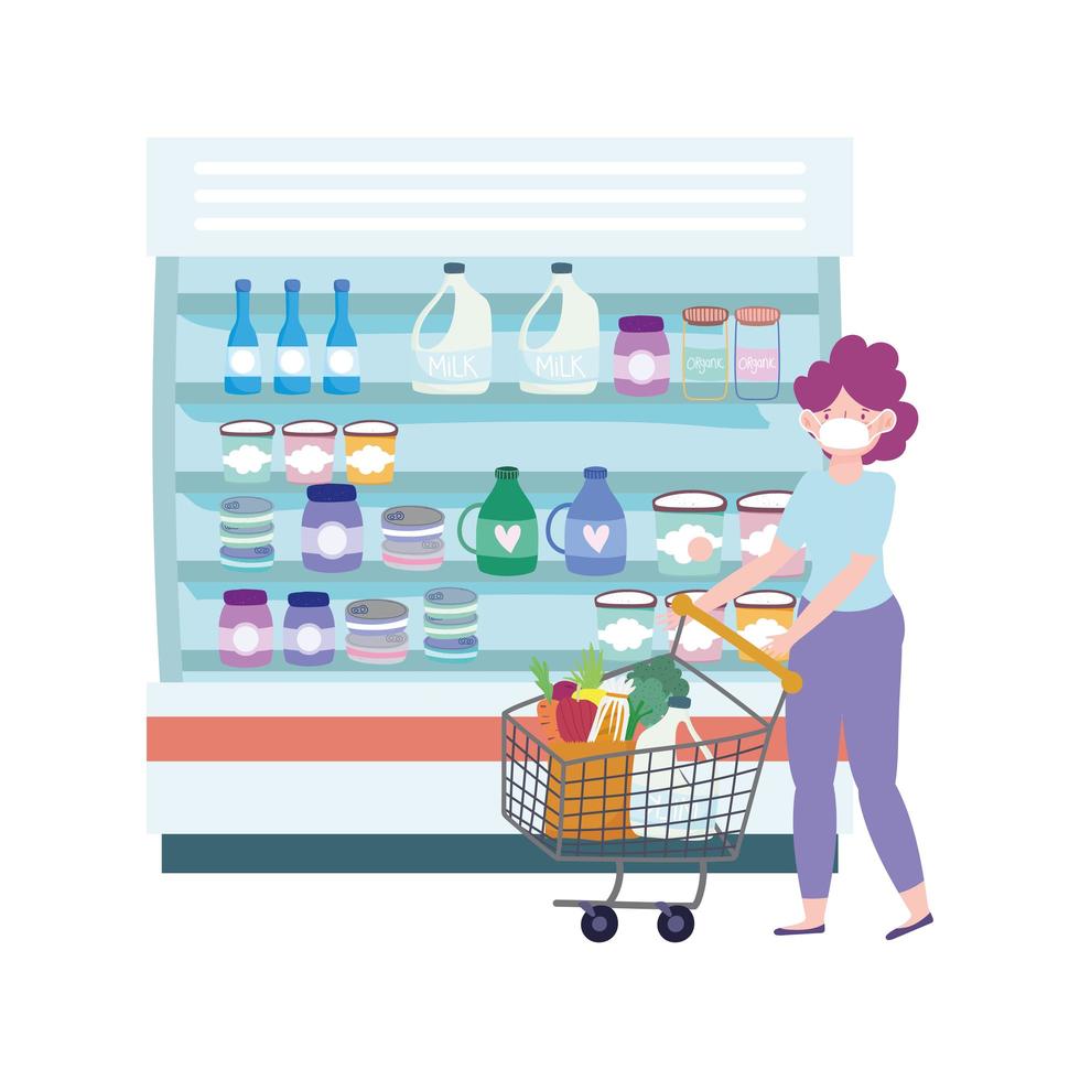 online market, woman with shopping cart supermarket, food delivery in grocery store vector