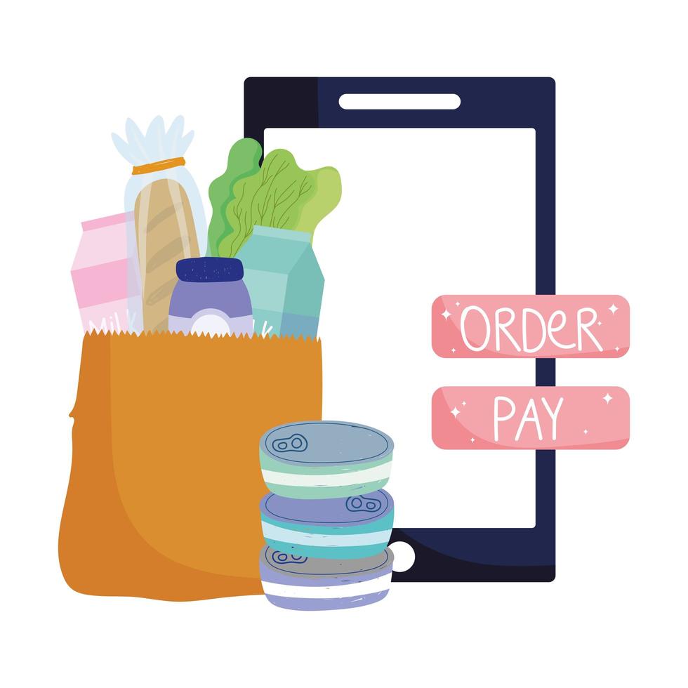 online market, smartphone paper bag ordering payment button, food delivery in grocery store vector