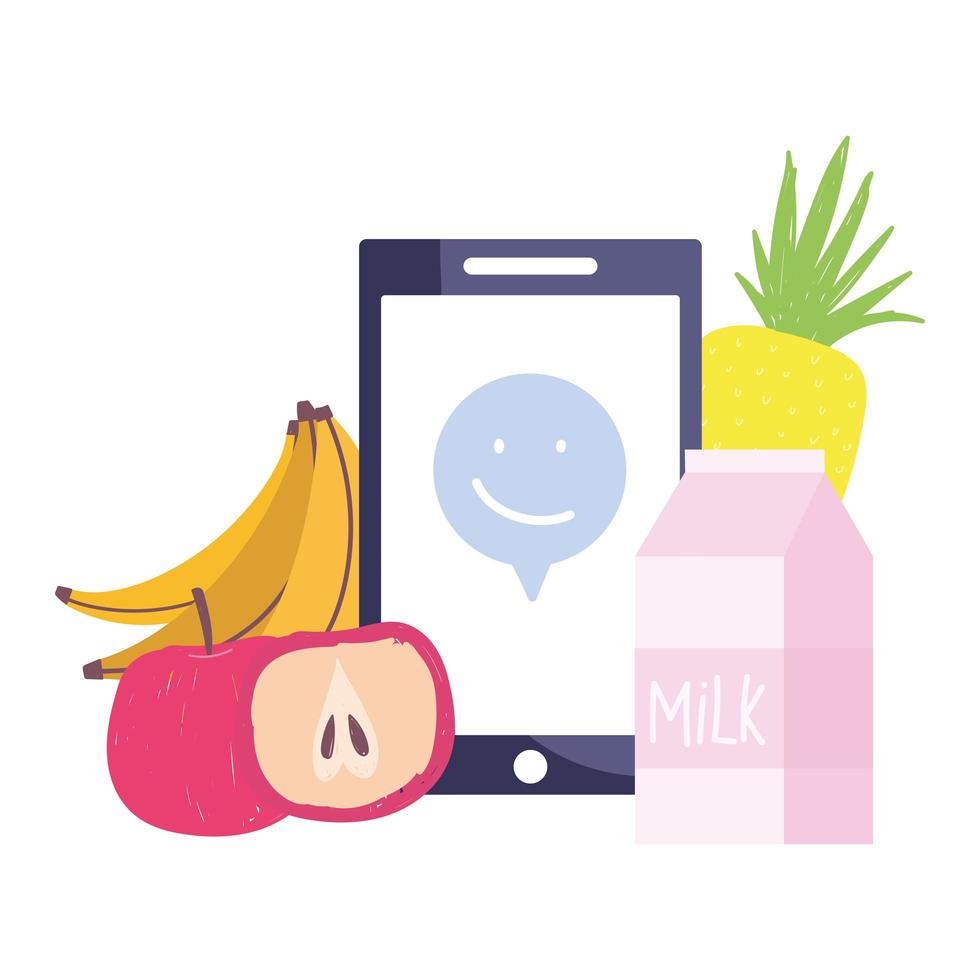 online market, smartphone fruits and milk food grocery shop home delivery vector