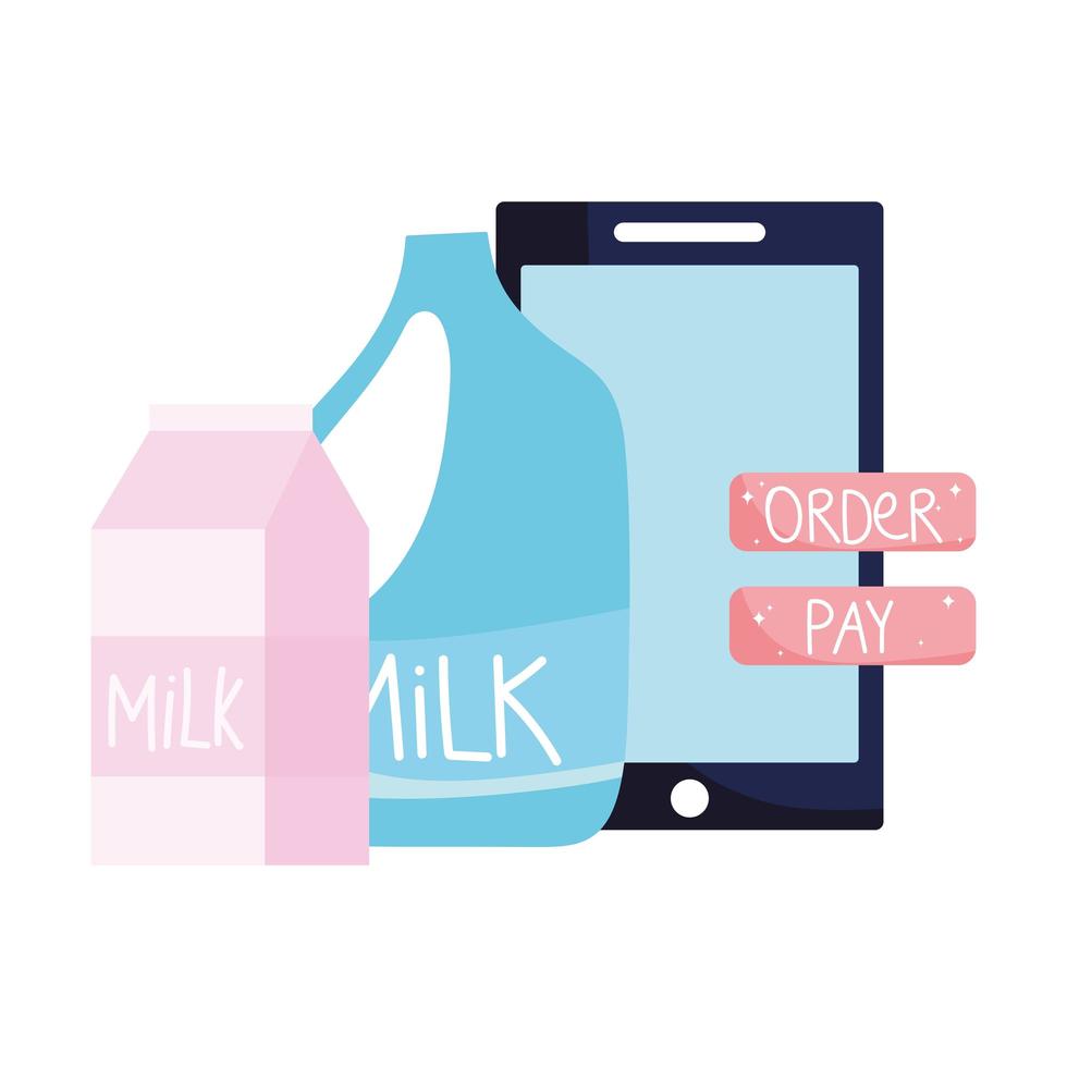 mercado en línea, cajas y botellas de leche para teléfonos inteligentes, entrega de alimentos en la tienda de comestibles vector