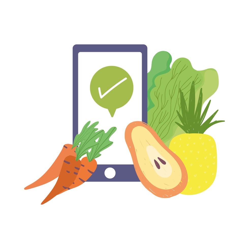 online market, smartphone carrots papaya and pineapple food grocery shop home delivery vector