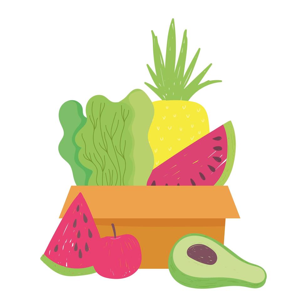 cardboard box watermelon banana avocado and apple, food delivery in grocery store vector