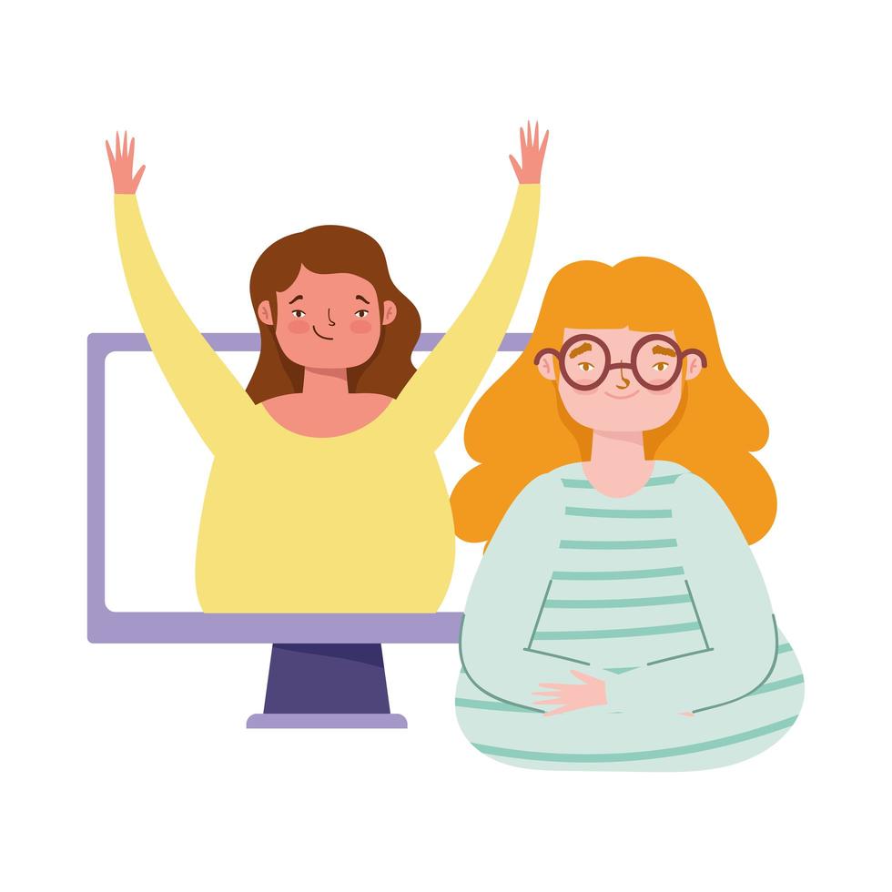fiesta en línea, cumpleaños o reunión de amigos, mujeres jóvenes hablando por computadora conversación virtual vector