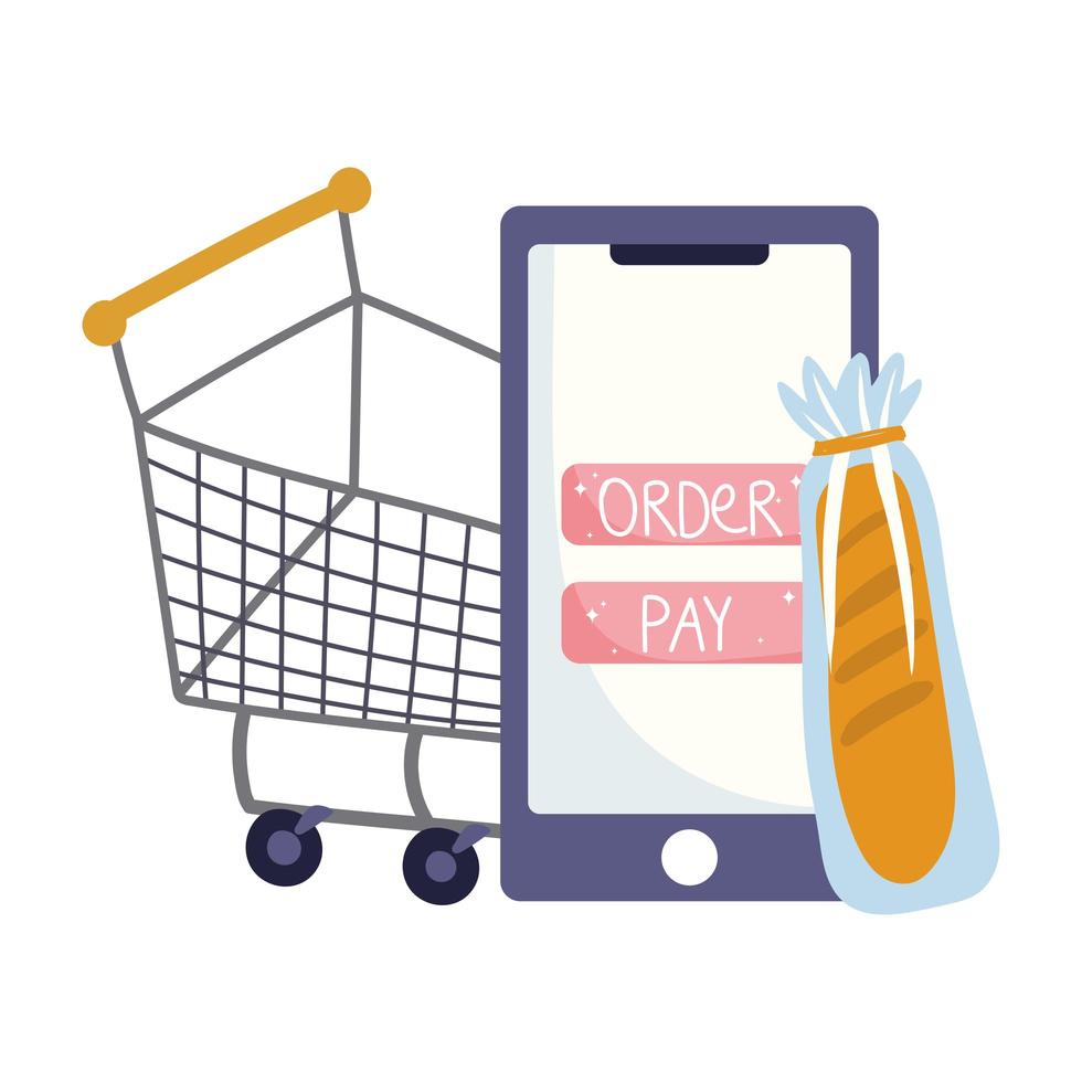 online market, smartphone shopping cart and bread, food delivery in grocery store vector