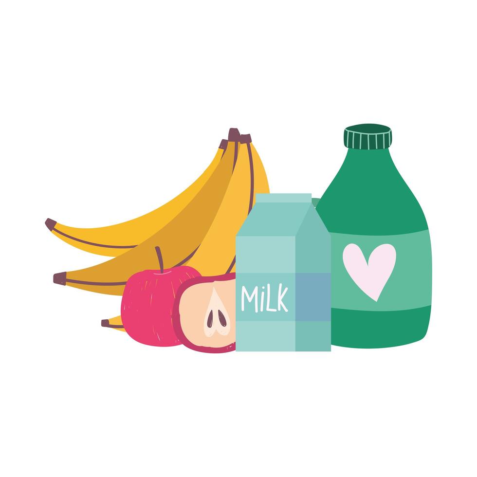 banana apple milk juice bottle, food delivery in grocery store vector