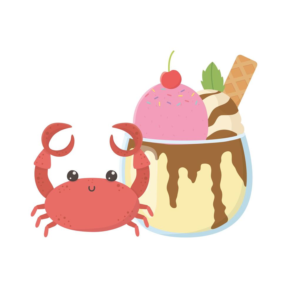 summer travel and vacation ice cream scoops in glass and crab vector