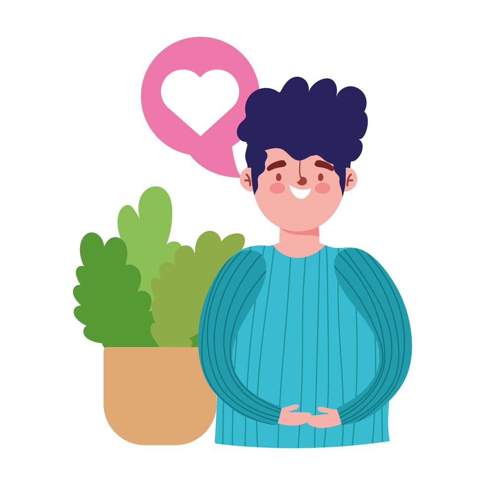 Joven hablando con planta en maceta icono de diseño aislado fondo blanco. vector