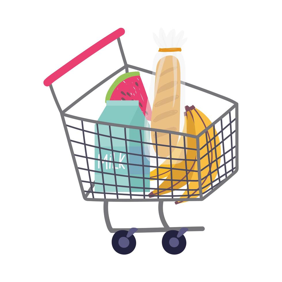 buy products in cart, food delivery in grocery store vector