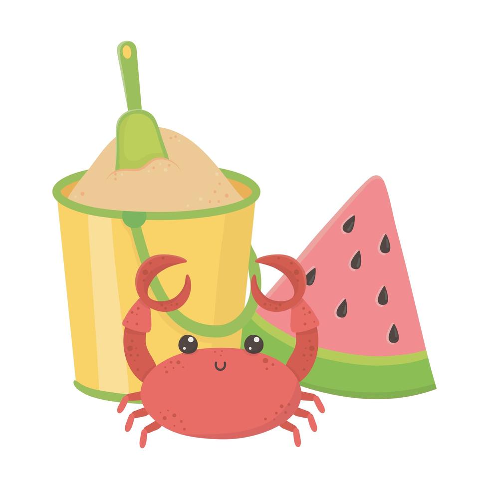 summer travel and vacation beach crab watermelon and bucket with sand isolated design icon vector