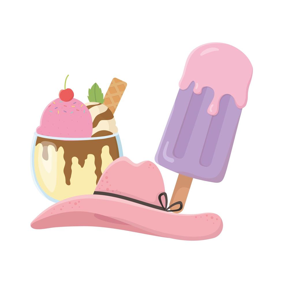 summer travel and vacation ice cream scoops in glass and hat accessory vector