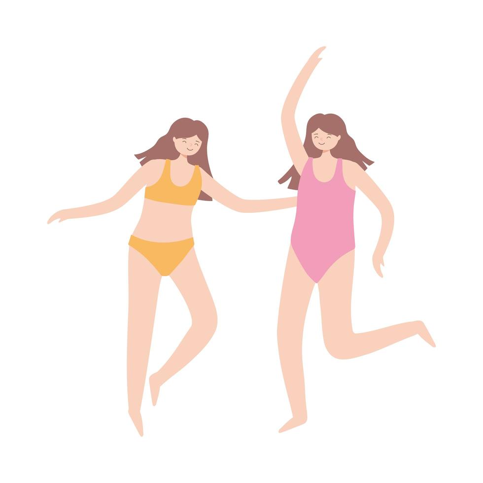 young girls with swimsuits characters cartoon isolated design vector