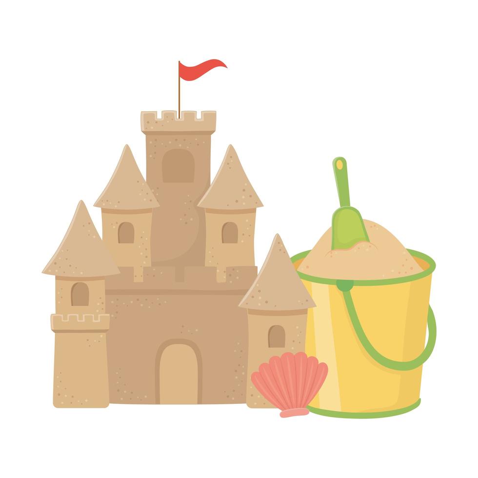 summer travel and vacation sand castle bucket shovel and shell vector