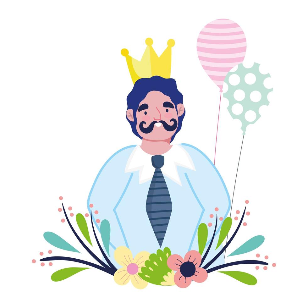 feliz día del padre, personaje de papá con flores y globos de corona dorada vector