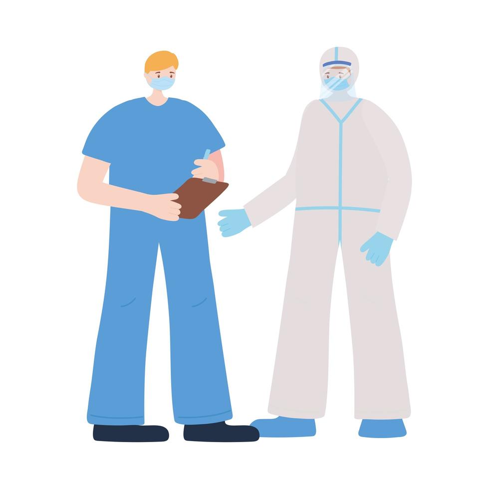thank you essential workers, staff medical with protective suit, wearing face masks, coronavirus covid 19 disease vector