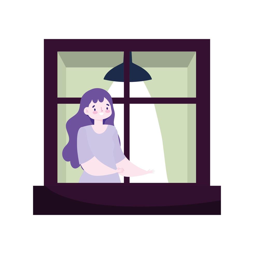 young woman looking at window with lamp vector