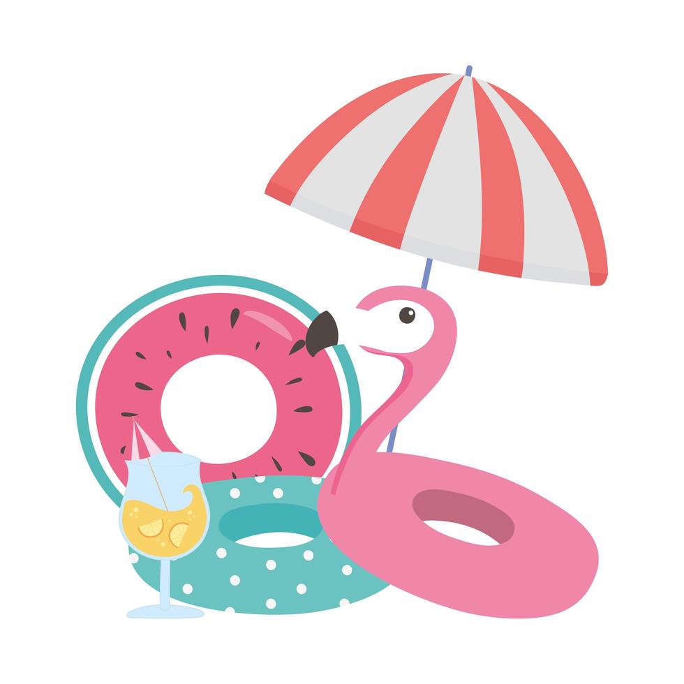 summer time vacation tourism flamingo bird cocktail umbrella and floats vector