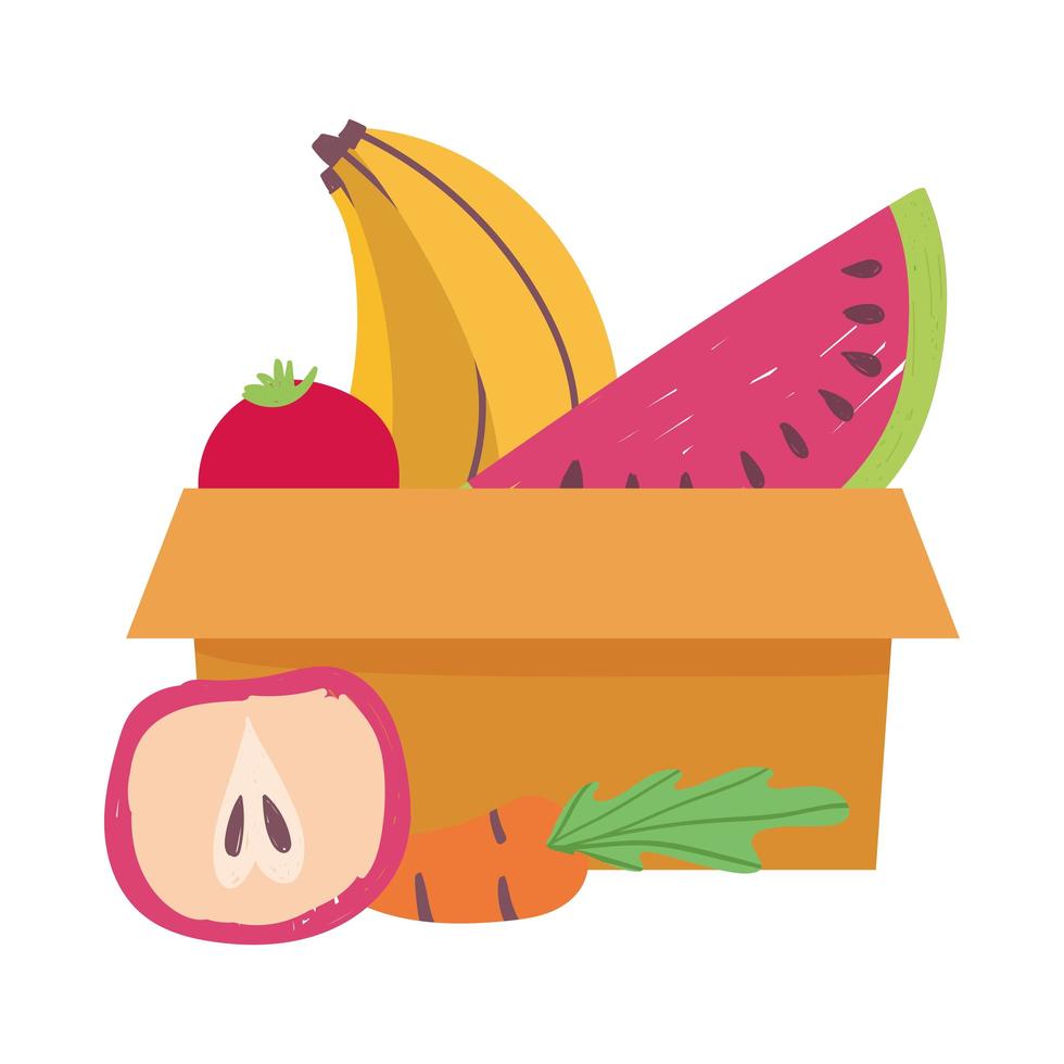 cardboard box watermelon banana and apple, food delivery in grocery store vector