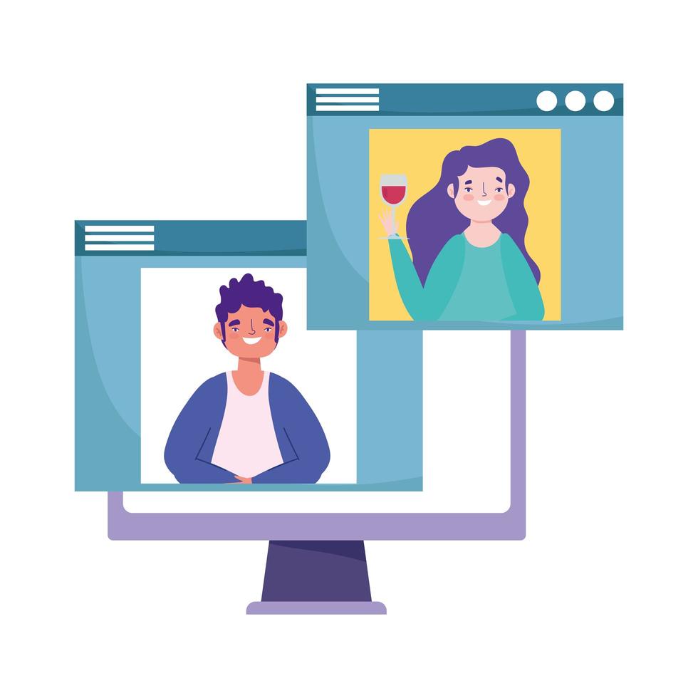 online party, birthday or meeting friends, remote conversation man and woman with computer vector