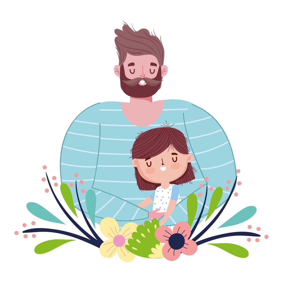 happy fathers day, cute dad and daughter flowers love vector