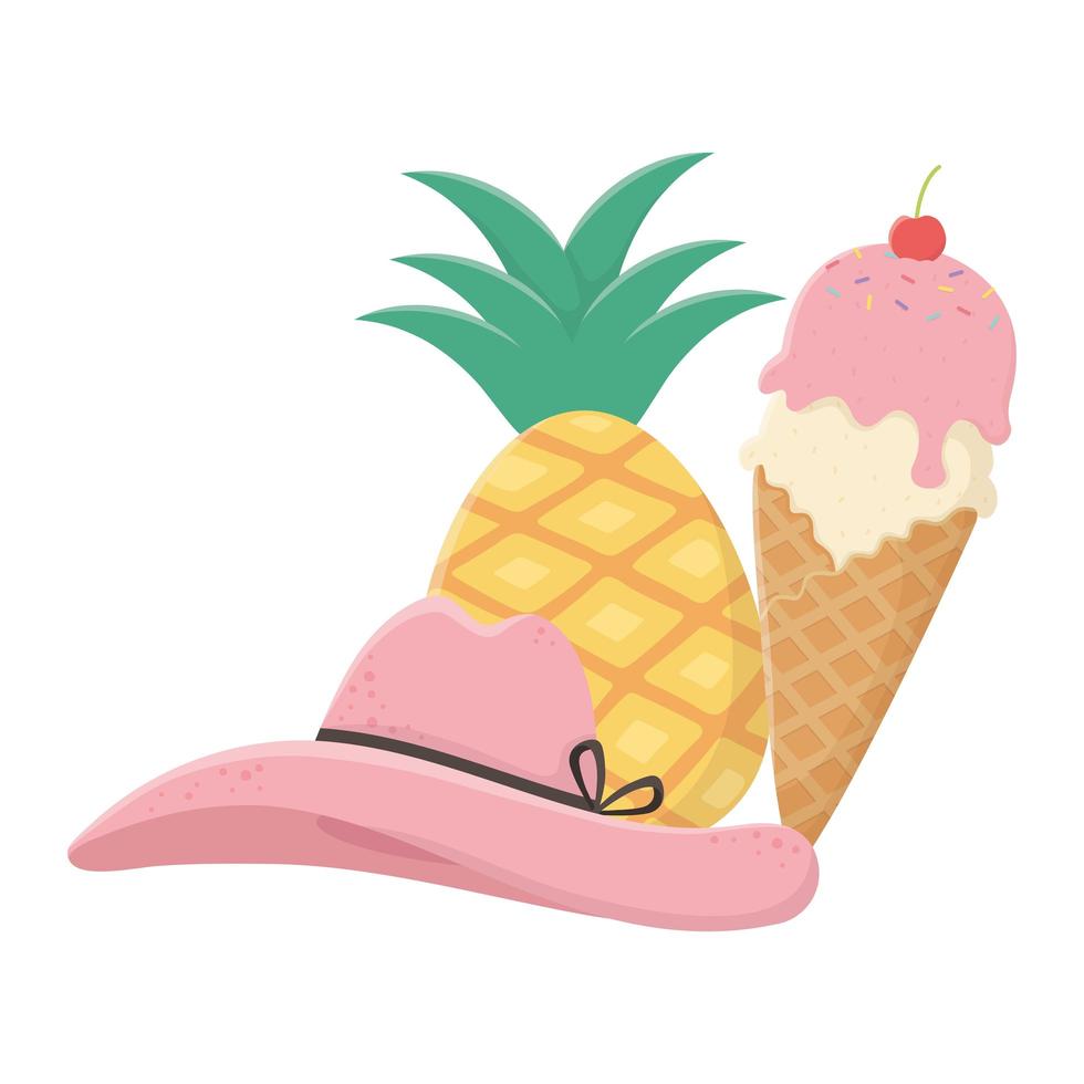 summer travel and vacation pineapple ice cream and hat vector