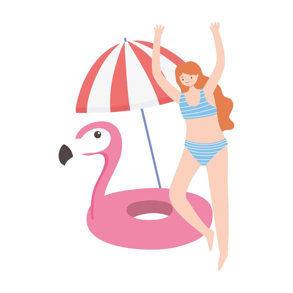 verano, playa, vacaciones, mujer, con, paraguas, y, flamenco, flotador, anillos de goma vector