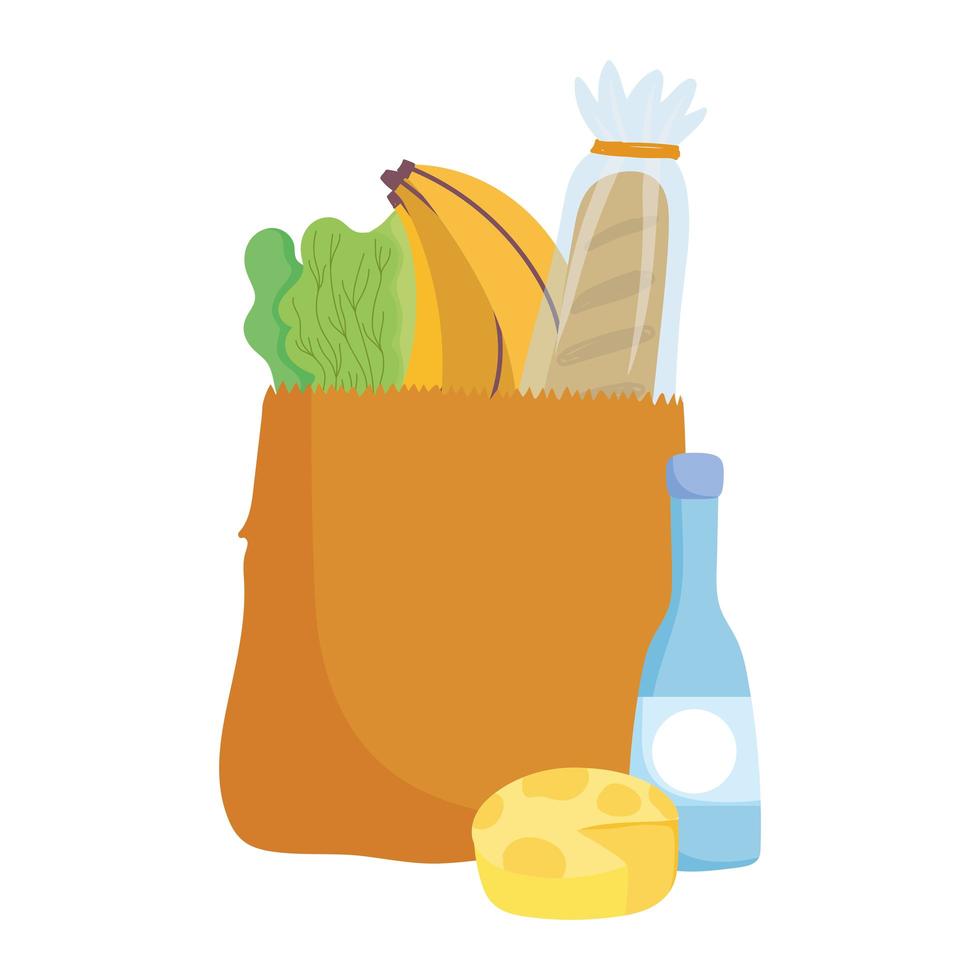 bag cheese bottle bread banana and lettuce, food delivery in grocery store vector