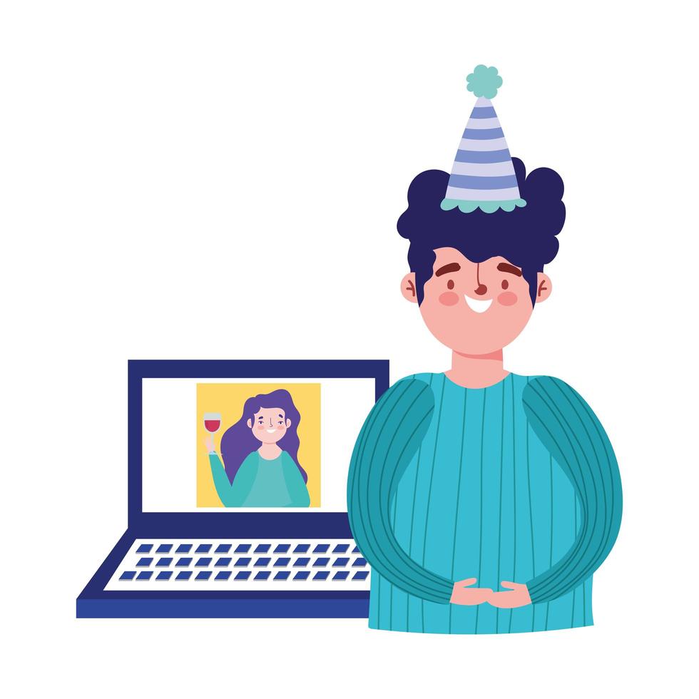 Fiesta en línea, cumpleaños o reunión de amigos, hombre hablando con mujer en celebración de computadora del sitio web vector