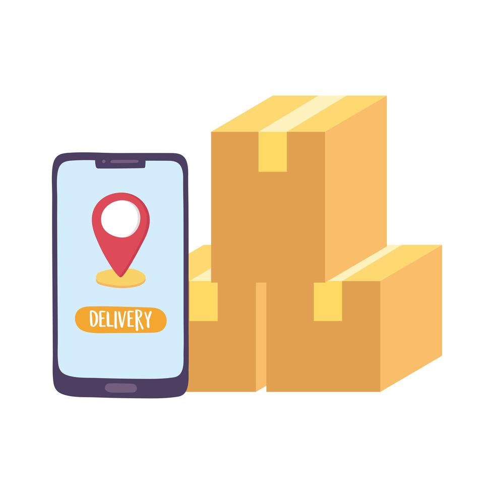 safe delivery at home during coronavirus  covid 19 , smartphone order cardboard boxes navigation pointer app vector