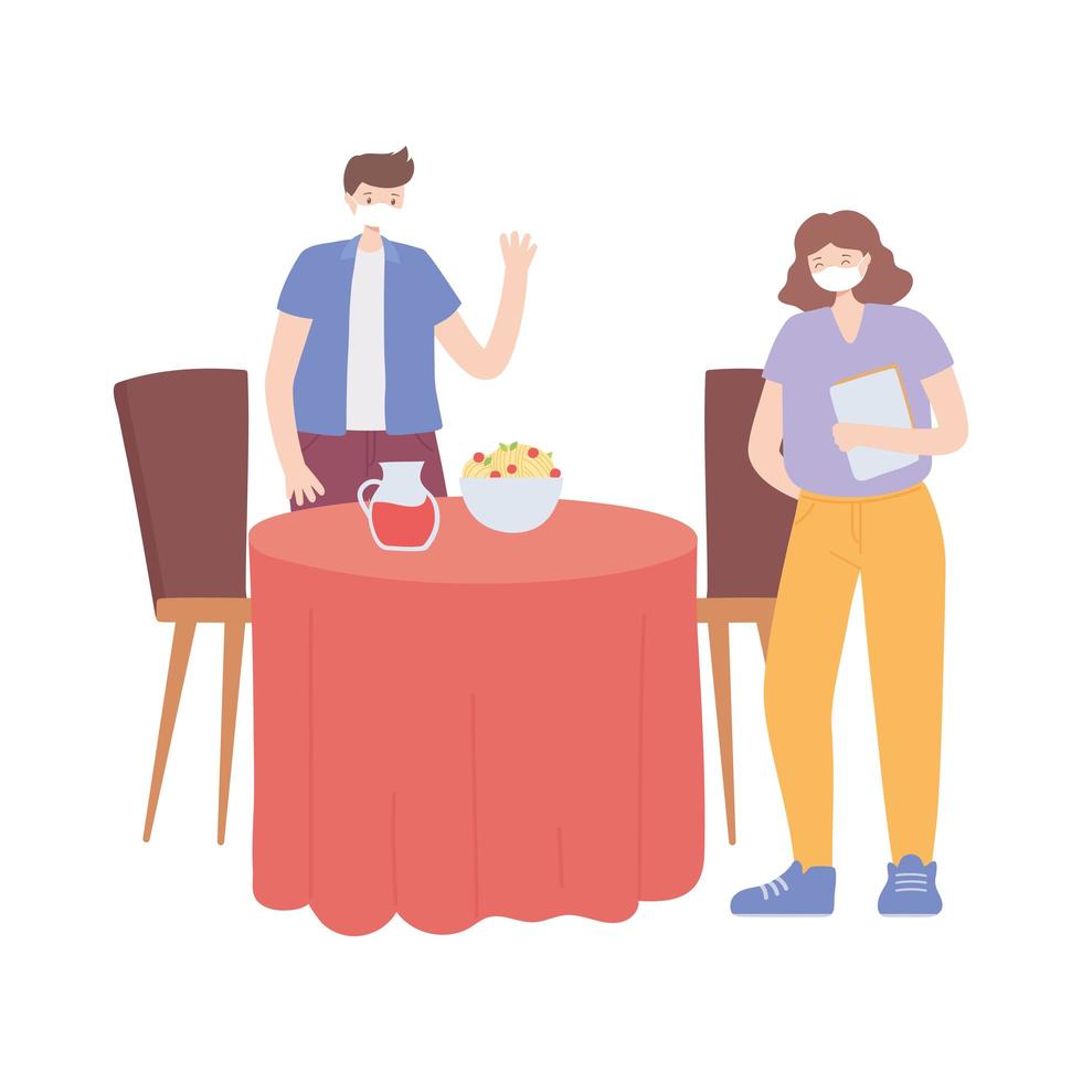 restaurant social distancing, man eating keep social distance, covid 19 pandemic, prevention of coronavirus infection vector