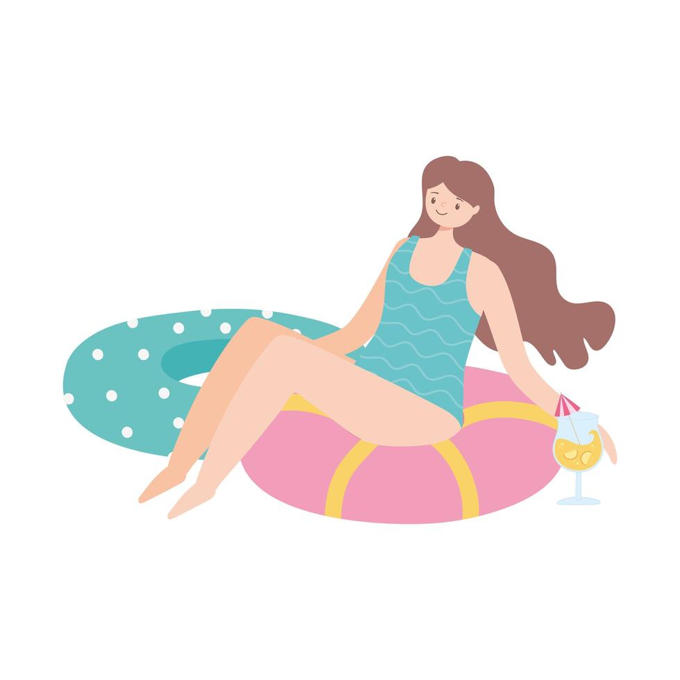 summer time happy woman with floats and cocktail vacation tourism vector