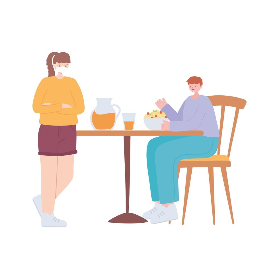 restaurant social distancing, distance to protect people from coronavirus during food, covid 19 pandemic vector
