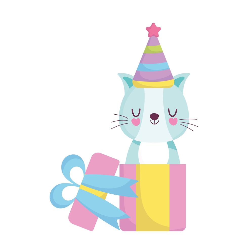 baby shower, lindo gato saliendo celebración de caja de regalo, anunciar tarjeta de bienvenida recién nacida vector