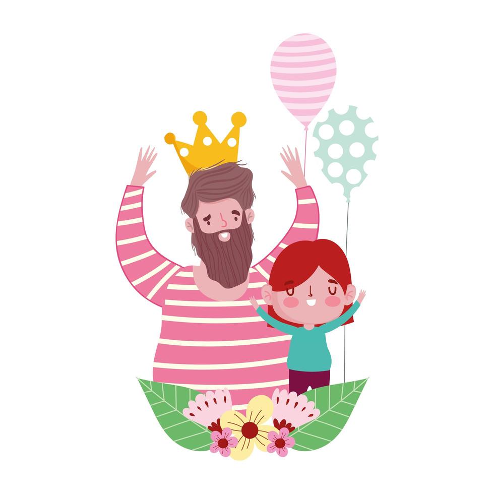 happy fathers day, bearded man wearing crown with her son with balloon vector