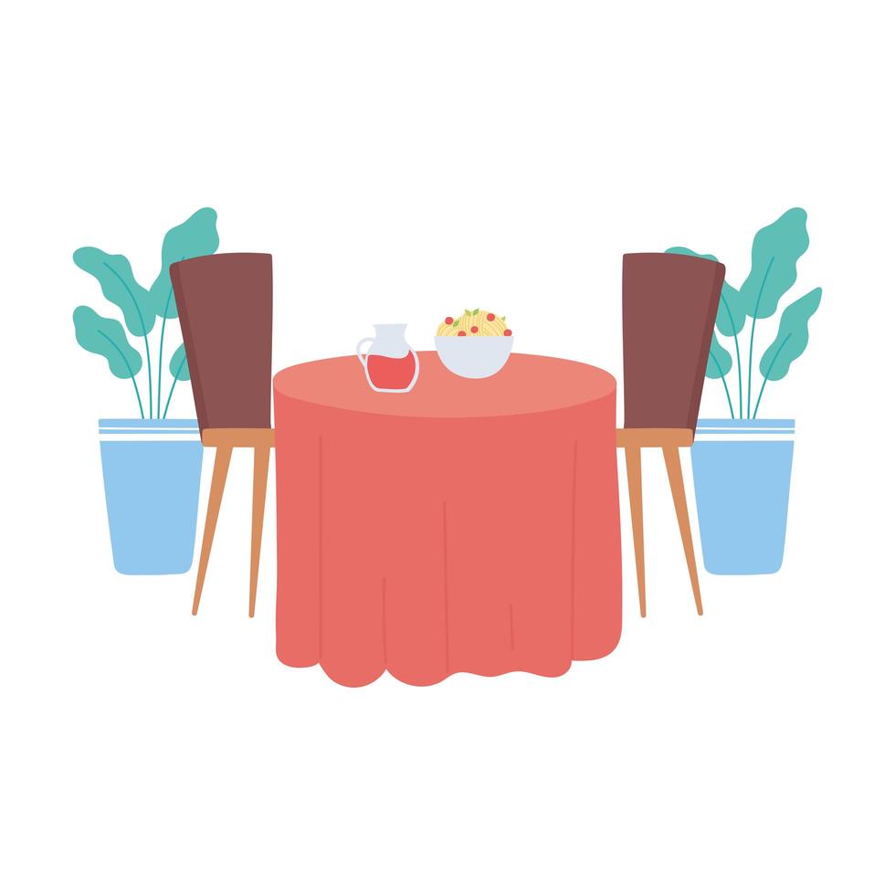 restaurant interior table with food and beverage, window chairs and plants decoration vector