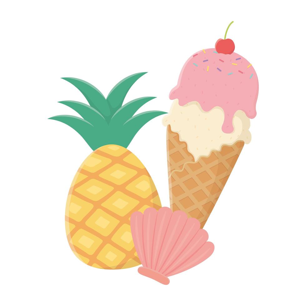 viajes de verano y vacaciones cono de helado piña y cáscara vector