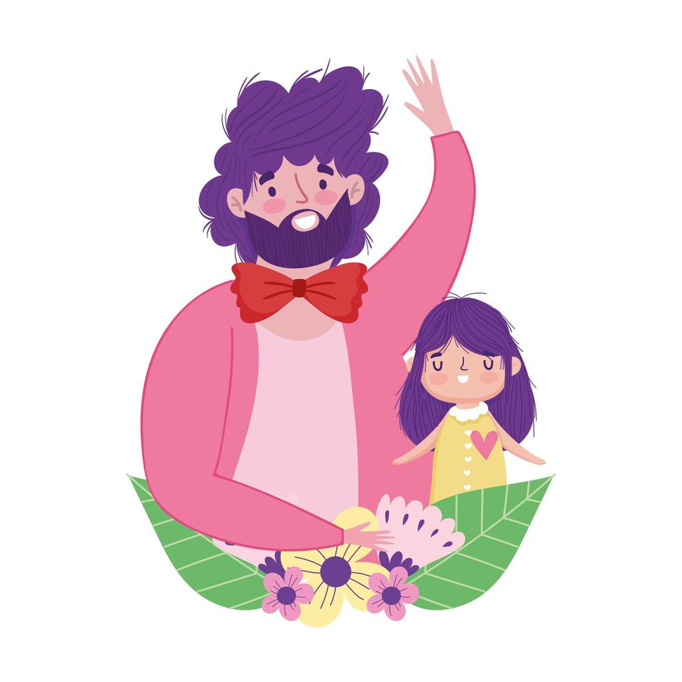 happy fathers day, dad and daughter flowers love vector