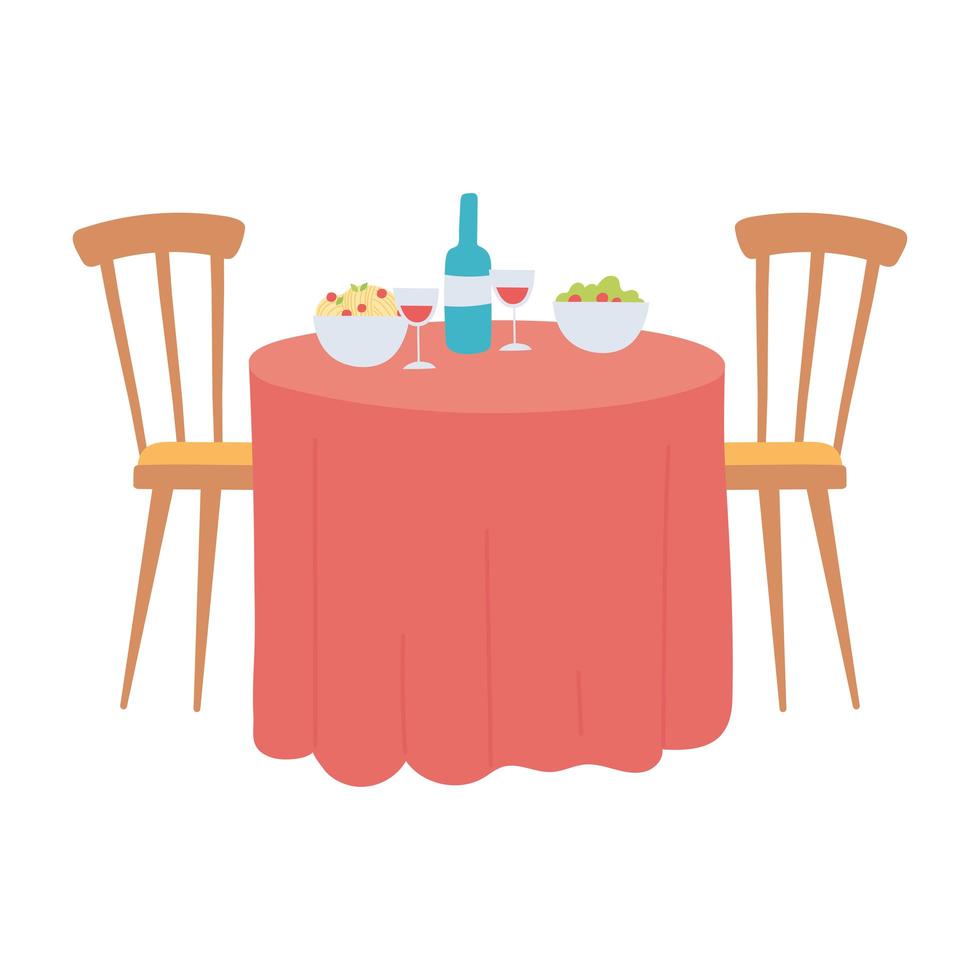 Mesa de restaurante con comida y copas de botella de vino icono de diseño aislado fondo blanco. vector