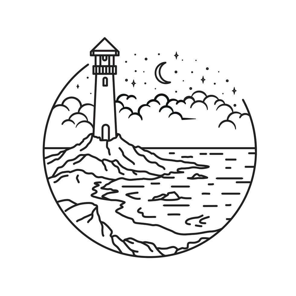 lighthouse line art style, landscape line art design, sea and beach line art vector