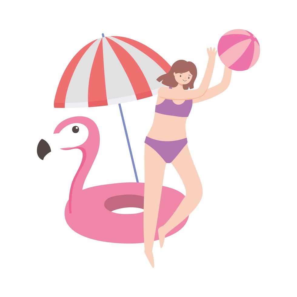 niña turista de vacaciones de verano jugando con paraguas de bola y flotador de flamencos vector